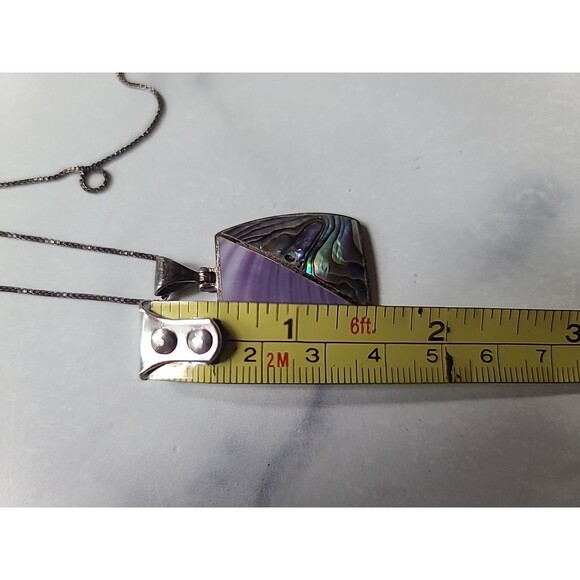 925 Sterling Abalone Shell And Purple Stone Rectangular Pendant Necklace Vintage - Picture 8 of 10